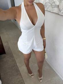Maria Perezxox White Halter Deep V Jumpsuit With Flared Pants, Short Style For Women - White - View 3
