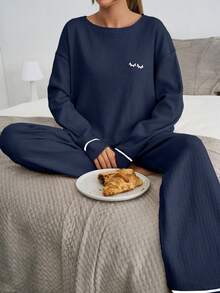 EURMUSE 2pcs Cotton Contrast Piping With Eye Embroidery Detail Homwear Set - Navy Blue - View 3