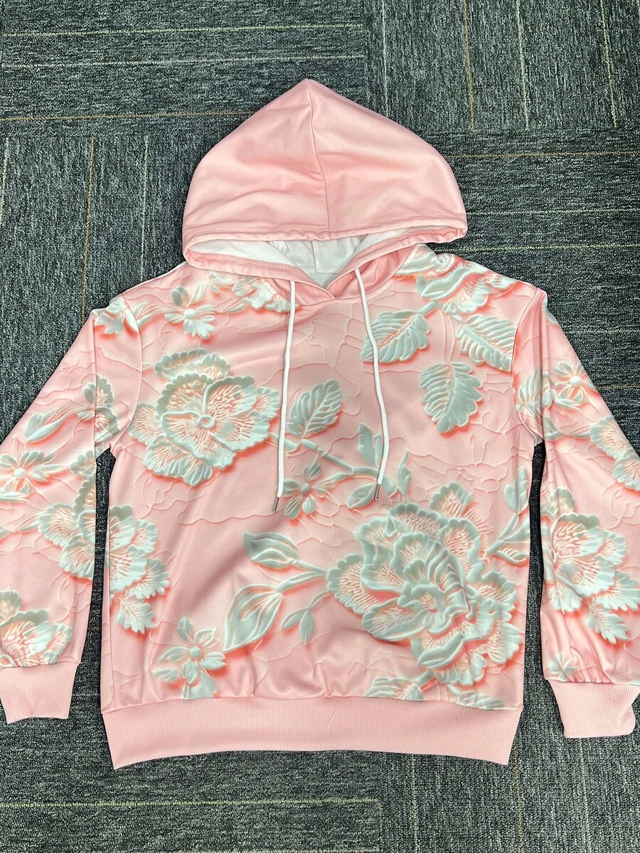 SHEIN LUNE 女士3D立体花卉休闲落肩长袖卫衣 - 淺粉色 - 查看 1