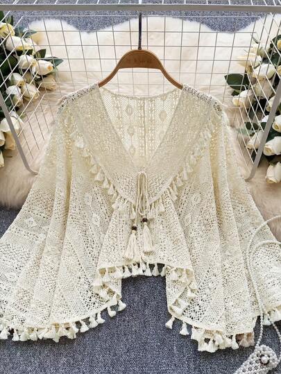 Franclia Casual Elegant Vacation Crochet Lace Hollow Out Bohemian Beach Tassel Loose Cover Up For Plus Size Women, Summer
