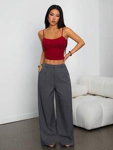 SHEIN PETITE 女士商务休闲裤 女士西式服装 女士阔腿裤 女士办公室服装 宽松裤 专业女士服装 办公室着装 灰色 - 深灰色 - 查看 6