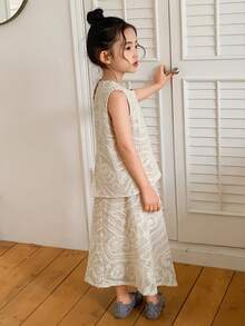 Dazy Kids 女童（小号）圆领蕾丝无袖上衣+半裙套装，精致韩版派对装 - 杏色 - 查看 5