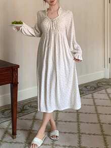 DAZY Women's Sweet Ditsy Floral Frill Trim Drawstring Nightgown - Beige - View 4