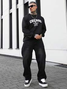 Artur Kramer 男士复古美式圆领卫衣，芝加哥字母印花，休闲街头风，秋冬款，长袖上衣 - 黑色 - 查看 7