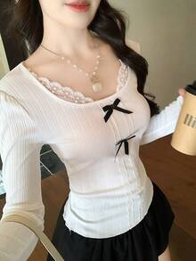 FRIFUL Áo thun dài tay ôm dáng, gân sọc, cổ tròn, phối ren và nơ dành cho nữ - trắng - Xem 5