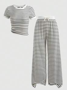 Conjunto de 2 piezas de camiseta de cuello redondo a rayas negras y blancas y pantalones para niñas preadolescentes - Blanco y Negro - Ver 5