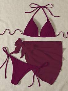 SHEIN Swim Mod 女士夏季沙滩纯色挂脖比基尼套装（3件套） - 三角比基尼上衣、侧系带比基尼下装、半身裙 - 酒紅色 - 查看 3