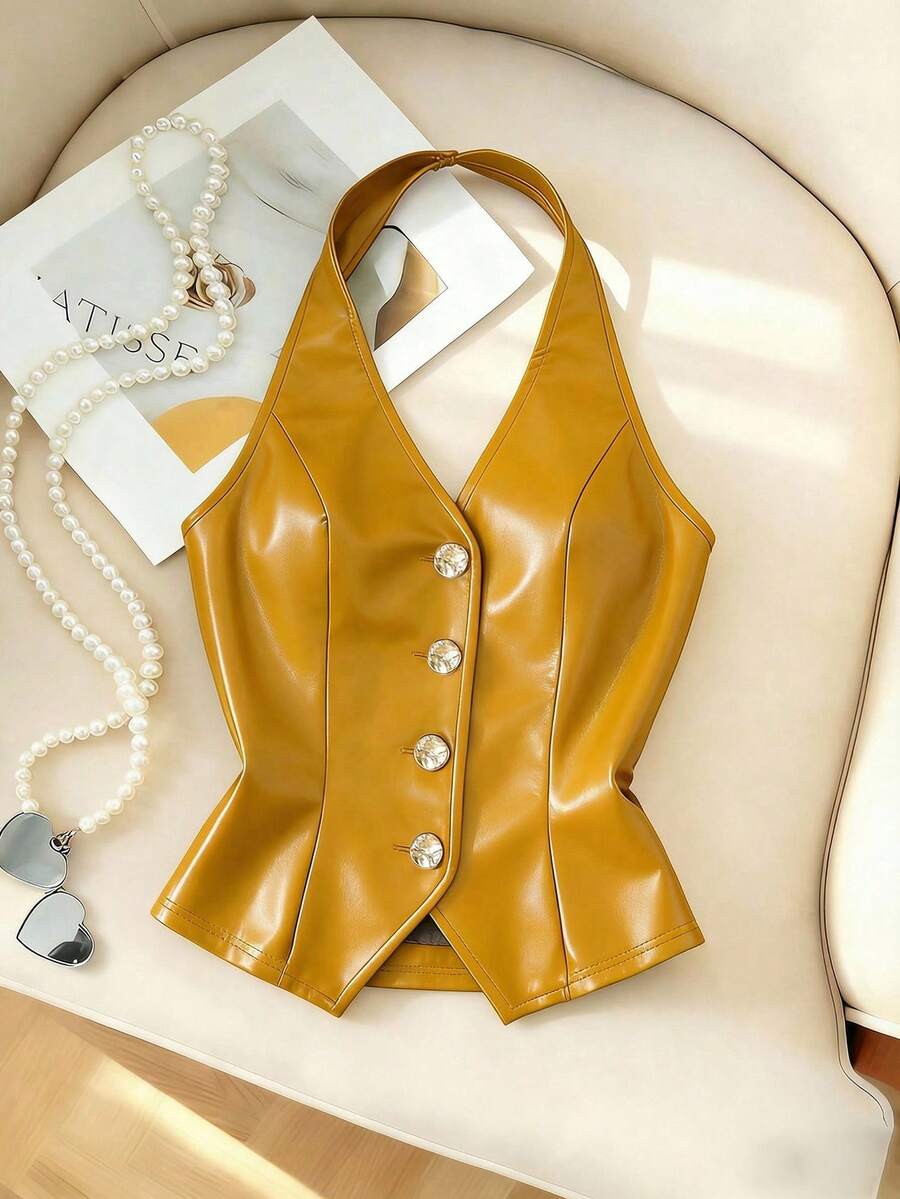 Franclia New Wine Red Button Halter Neck Women Tank Top Leather Top Women Leather Tank Top Women Women Tank Top Leather Tops - Yellow - View 1