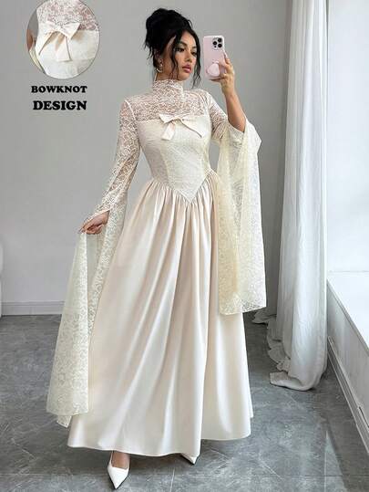 Selianne Elegant damklänning med aprikosfärgad spets och meshblommig kant, avslappnad semesterklänning för stranden, lämplig för alla hjärtans dag-dejt, fest, dagliga sammankomster, utflykter, bröllopsfester