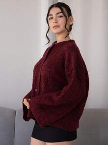 Andrea Bello Oversized Strickjacke mit Knöpfen und Dropped Shoulder, süßer Streetwear-Stil für Herbst, Bauernhaus, Land, Vintage, Herbst, Büro, Abendparty, elegant, Frühlingspullover - Bordeaux - Übersicht 5