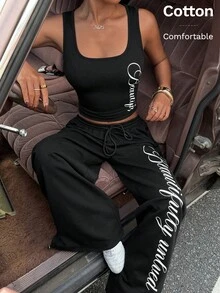 Muchica 女士字母印花方领背心和抽绳腰阔腿裤运动休闲套装 - 黑色 - 查看 1