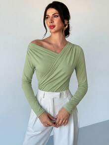 Firerie Áo croptop trắng dài tay, thanh lịch, tối giản, cổ bèo bất đối xứng dành cho nữ, phù hợp cho đi làm hàng ngày, lễ hội âm nhạc và kỳ nghỉ. - màu xanh lá - Xem 4