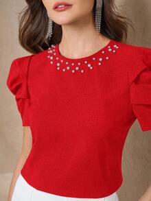 Amorya Women's Round Neck Short Sleeve Knit Gigot Sleeve Beaded Pearl Decor Slim Fit Elegant Casual T-Shirt, Spring/Summer Beaded Tops Tops For Women Elegant Puff Sleeve Top Women Red Top For Women Pearl Top Women - Red - View 6