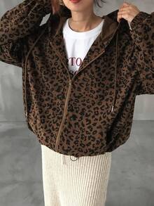 FRIFUL Áo khoác nữ bằng vải nhung kẻ in họa tiết da báo, có khóa kéo phía trước và dây rút, có mũ trùm đầu. - màu nâu - Xem 3