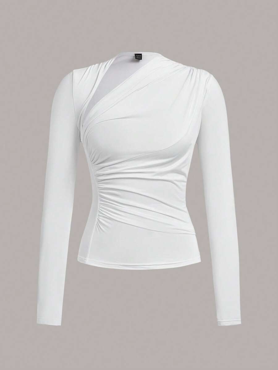 COSMINA Solid Asymmetrical Neck Ruched Side Tee - White - View 1