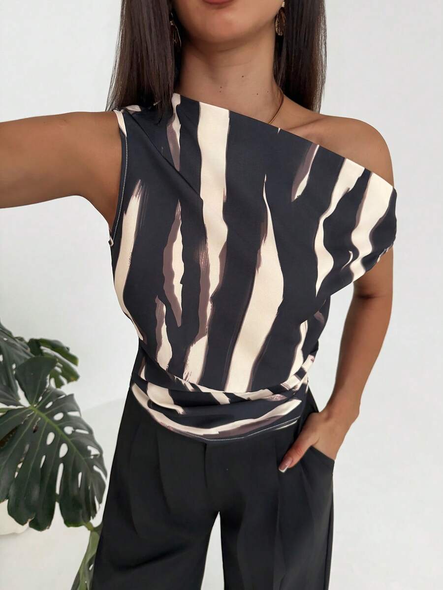 Aloruh Minimalist Commute Office Outfit Brown Brushstroke Print Asymmetric Loose Top Tight Bottom Women Shirt - Multicolor - View 1