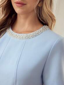 MOTF PREMIUM WOMEN'S SHORT SLEEVE FAUX PEARLS AND BEADED DETAIL DRESS, SUITABLE FOR DATES, SPRING/SUMMER - Blue - View 2