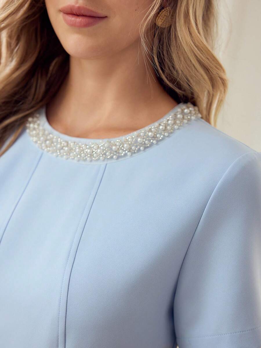 MOTF PREMIUM WOMEN'S SHORT SLEEVE FAUX PEARLS AND BEADED DETAIL DRESS, SUITABLE FOR DATES, SPRING/SUMMER - Blue - View 2