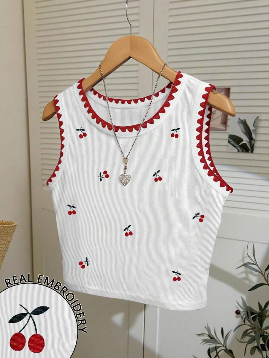 Resyla Áo tank top nữ thêu họa tiết quả anh đào, áo hai dây ngắn viền ren hình vỏ sò thời trang. - Nhiều màu - Xem 1