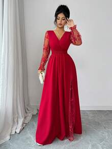Elenzga Women's Elegant Deep V-Neck Lace Patchwork Long Sleeve High Slit Dress, Suitable For Graduation, Holidays, Valentine's Day, Music Festivals, Mother's Day, Thanksgiving, Easter, National Day, Balls, Dates, Parties, Weddings, Outdoor Activities, Spring/Summer - Red - View 6