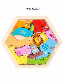 1件装木制创意3D拼图积木，包含交通、动物和水果图案，兼具认知和拼图功能，创意主题卡通叠叠乐玩具 - 彩色 - 查看 21