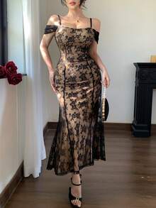 DAZY Đầm midi trễ vai dây mảnh bằng ren thanh lịch dành cho nữ, đầm dự tiệc cưới mùa hè. - màu đen - Xem 4