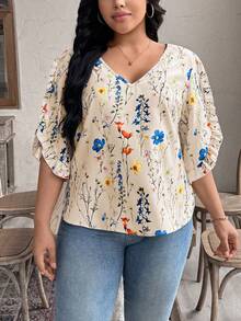 EMERY ROSE 大码休闲印花V领荷叶袖衬衫 - 彩色 - 查看 3