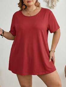 SHEIN CURVE+ Áo thun tay ngắn cổ tròn màu trơn cỡ lớn, kiểu dáng thường ngày, đa năng. - Gỗ đỏ - Xem 4
