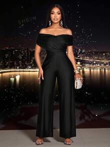 SOLERSUN Women's Elegant Solid Color Criss Cross Ruched Off Shoulder Jumpsuits - Black - View 9