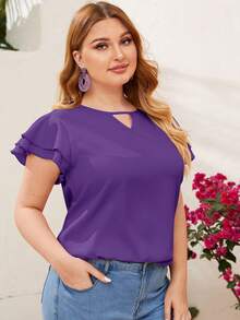 SHEIN Clasi Plus Size Elegant Solid Color Short Sleeve Shirt For Commuting, Summer, Summer Tops - Purple - View 1