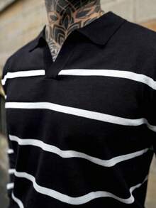 Artur Kramer Men Long Sleeve Striped Airplane Collar Knit Sweater , Fall Winter, Grunge Style - Black - View 3