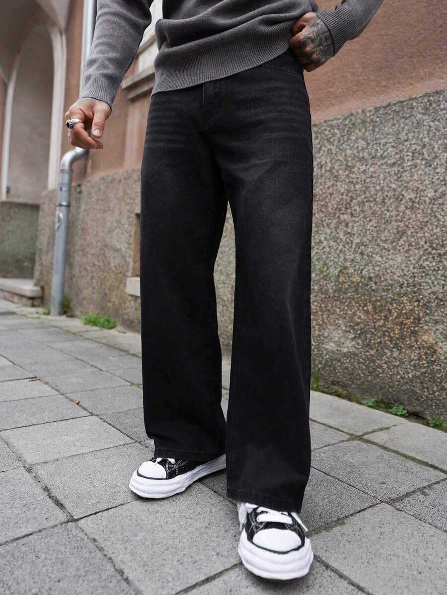 Artur Kramer 1 件美式休闲街头风格宽松男士牛仔裤，垃圾摇滚 - 黑色 - 查看 1