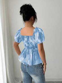 Elenzga Blouse ajustée à manches bouffantes avec volants et imprimé floral élégant pour femmes - Bleu ciel - Voir 2