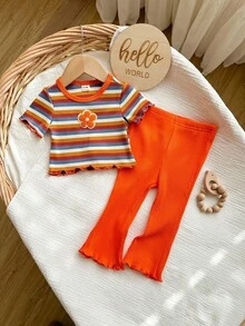 SHEIN Baby Mädchen süßer Sommer lässiger vielseitiger gestrickter bunter gestreifter Kurzarm-Top und Hose mit elastischem Bund Set - Orange - Übersicht 5