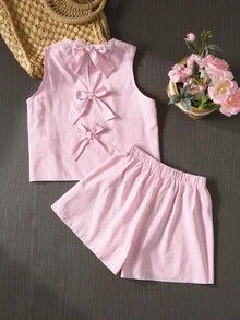 SHEIN 少女条纹度假休闲蝴蝶露背背心短裤套装，休闲日常圆领纹理面料蝴蝶露背背心和短裤两件套 - 粉色 - 查看 5