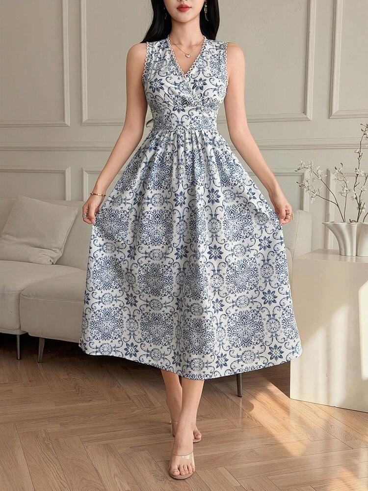 Women's Elegant Floral Lace Patchwork V-Neck Sleeveless Mid-Length Dress, Summer Wedding Guest Dress Maxi Dress Sundress Boho