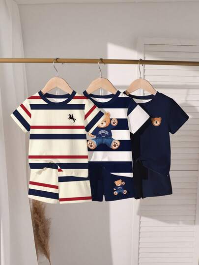3 Sets Toddler Casual Striped/Cartoon Bear & Knight Print Short Sleeve Shorts Sets, Non-Fleece, Comfortable Choice For Daily Outings, Spring/Summer