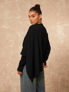 Lumalex Women Turtleneck Fitted Long Sleeve Sweater With Cape Shawl - Black - View 3