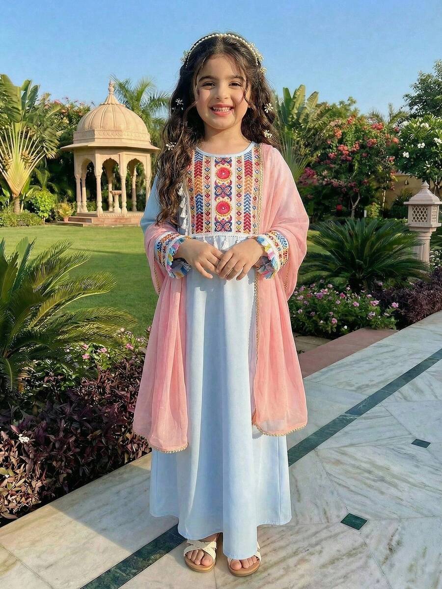 Arabic Style Young Girl Light Blue Dress,Comfortable Loose Fit Tassel Trim Casual Gown For Festivals & Family Matching,Cerise Pink,Autumn Essentials - Baby Blue - View 1