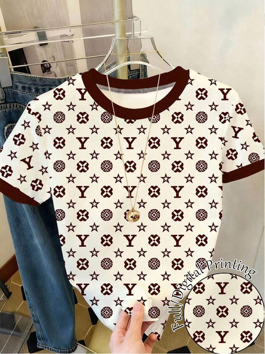 青少年女孩白色短版T恤,復古星星圖案與字母印花,修身夏季街頭風,舒適海灘休閒上衣,對比色 - 彩色 - 查看 1