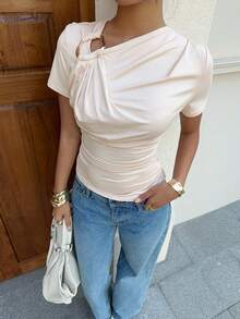 Siren Gaze 女士春夏金属环褶皱上衣，杏色修身短袖T恤，夏季褶皱可爱短袖上衣，优雅高领褶皱上衣 - 杏色 - 查看 4