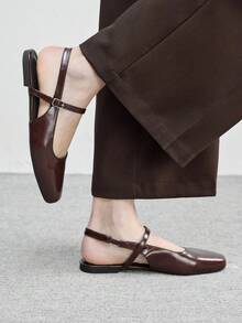 CUCCOO BIZCHIC 女士棕色方头商务简约舒适办公平底鞋，露跟设计 - 咖啡棕 - 查看 3
