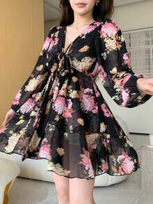 DAZY 法式粉色碎花V领长袖连衣裙，春季新款，系带雪纺裙，成熟优雅A字裙摆。吊带裙 - 黑色 - 查看 5