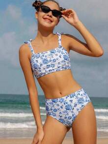 Teen Girls Cute Digital Print Knit Fabric Bowknot Strap Bikini Set Two Piece Swimsuit Teen Girls Two Piece Bathing Tween Girls Tween Floral Swimsuit High Waist Swimsuit Set Gurls Teen Two Piece Summer Swimsuits Two Piece Teen High Waisted Bikini Summer Two Piece Girls Teen Two Piece Summer