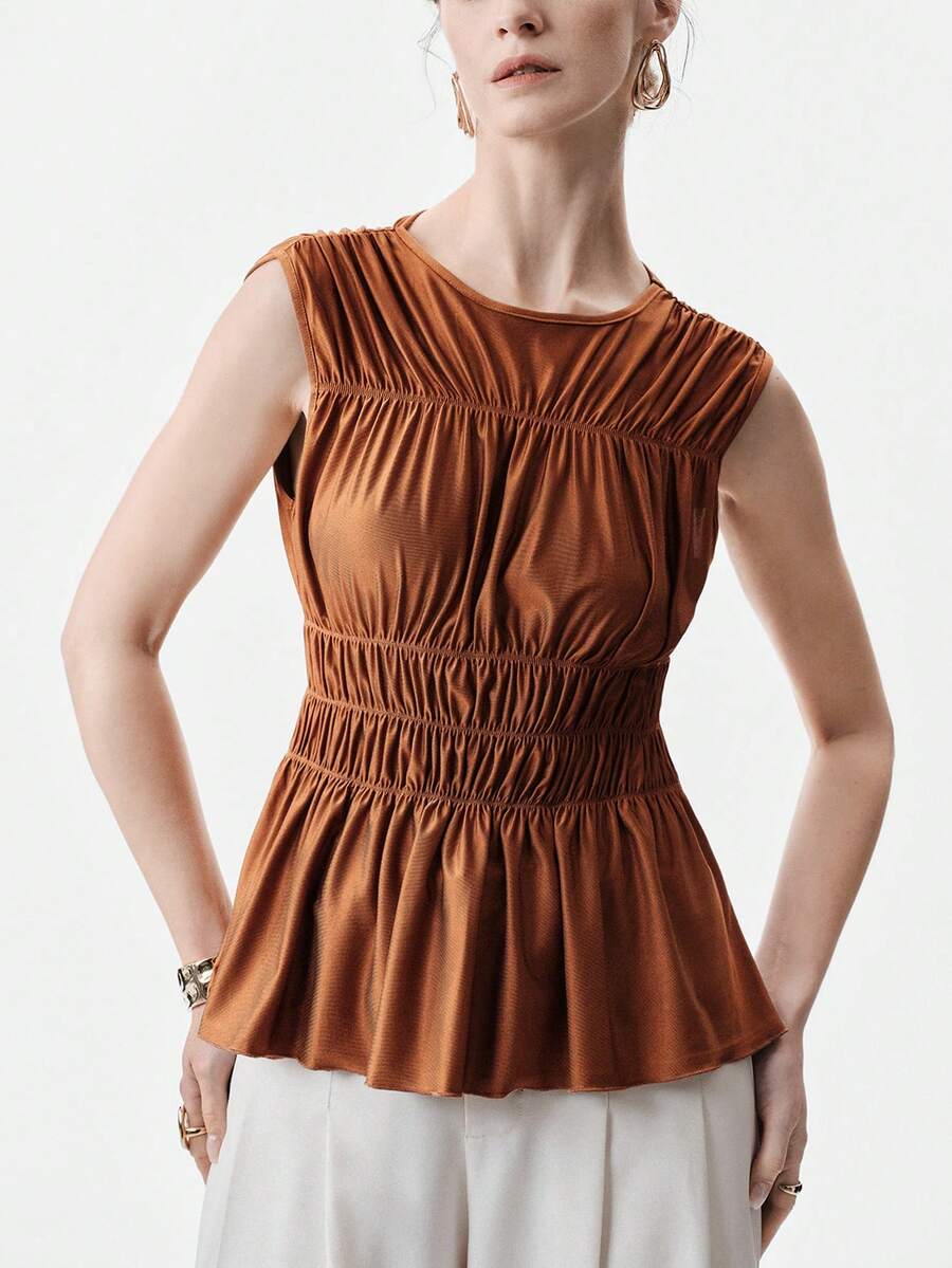 Aalyst Women's Fashion Sleeveless Multi-Layer Ruffle Hem Waist Cinched Vintage Elegant Casual Camisole, Suitable For Dates, Spring/Summer - Brown - View 1