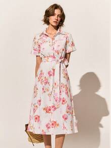 Poéselle 女士印花系带纽扣短袖中长连衣裙 - 杏色 - 查看 7