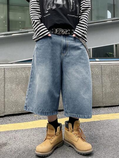 PAVTROS Men's Casual Fashion Street Loose Wide Leg Jeans Shorts With Side Pockets, Suitable For Daily Commute, Summer