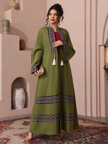 SHEIN Najma Women's Stand Collar Printed Patchwork Fringe Long Sleeve Arabic Abaya