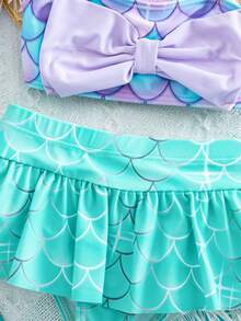 SHEIN 女婴可爱夏季美人鱼印花休闲针织蝴蝶结拼接撞色比基尼套装，含泳帽 - 紫色 - 查看 7