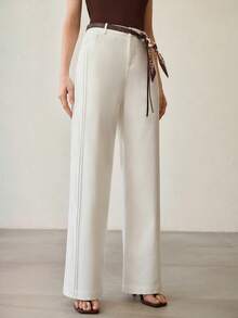 MOTF PREMIUM WOMEN'S WHITE DENIM EFFECT SIDE SEAM BELTED PANTS - Apricot - View 6